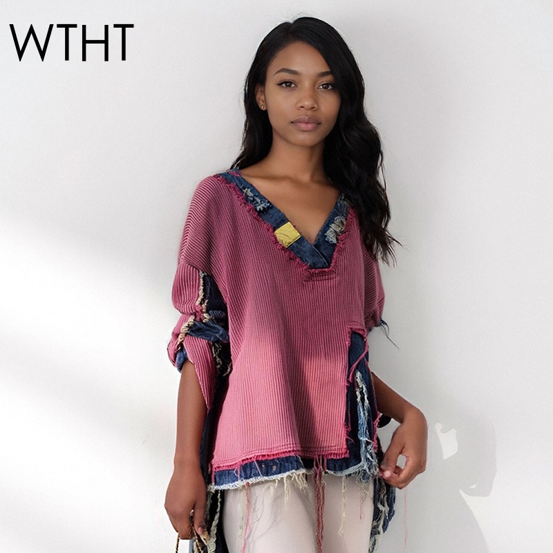 Vintage Fashion Influencers - WTHT mode femmes épissé Denim irrégulière